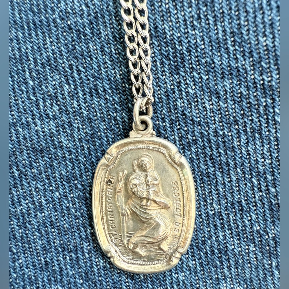 St. Christopher Necklace Sterling Silver Medal on 24" Stainless Steel Chain